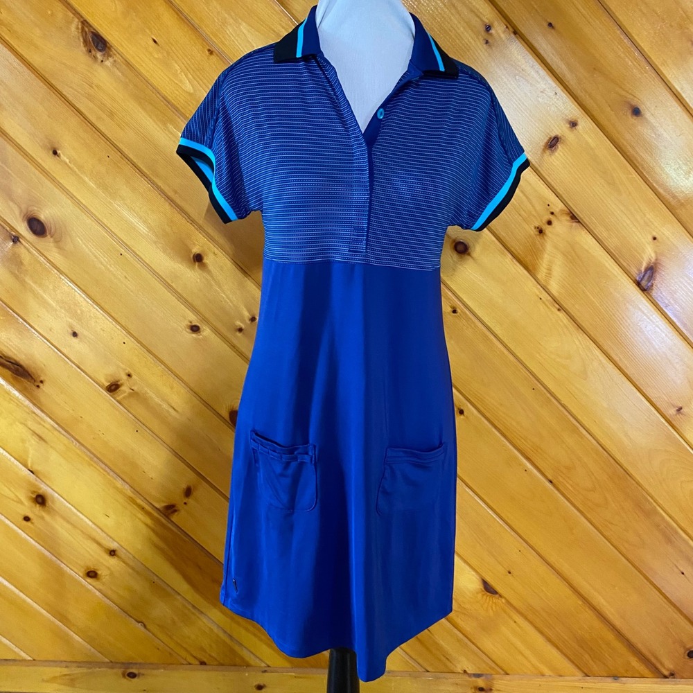 Lole Blue Striped Activewear Polo Dress Short Sleeve Golf Tennis Pockets S